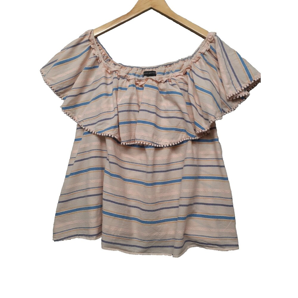 Lane Bryant Women Sz 18/20 Off The Shoulder Pom Pom Peachy Blue Stripe Blouse